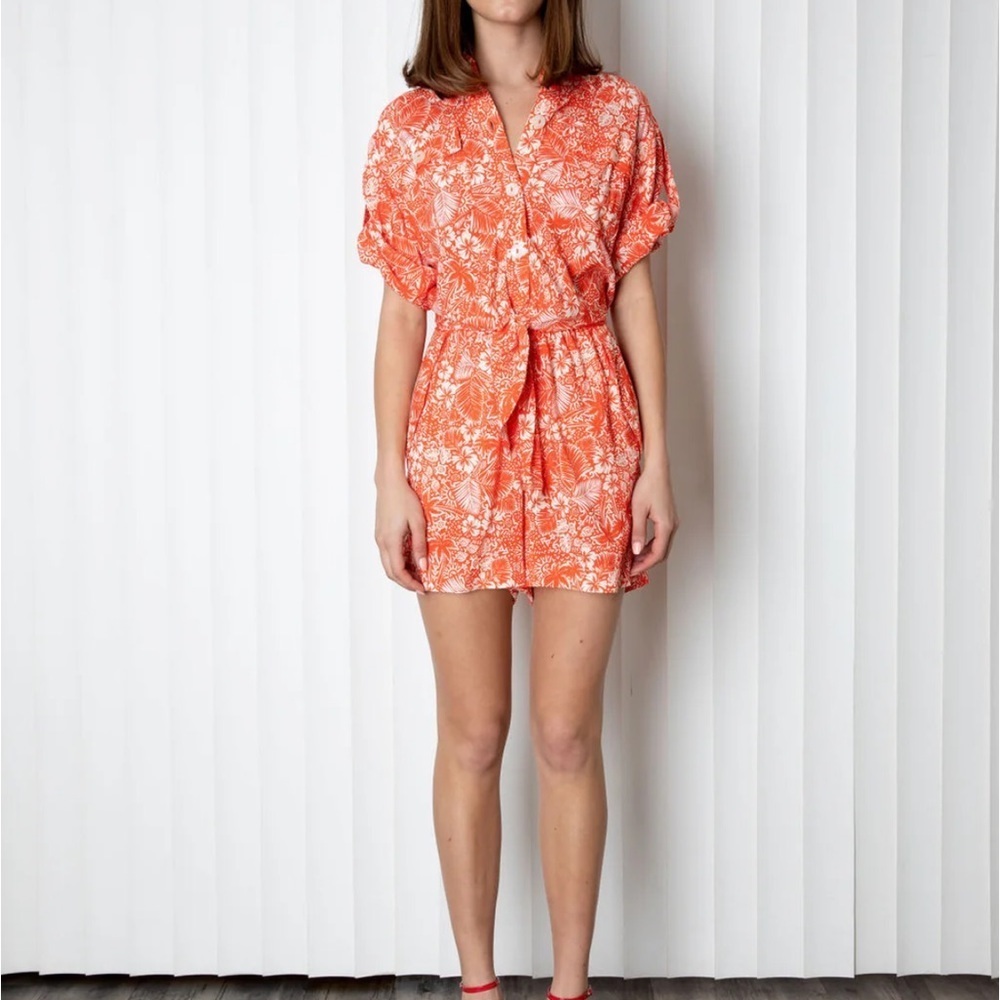 Vibrant Orange Floral Button-Up Romper - Picture 3 of 5